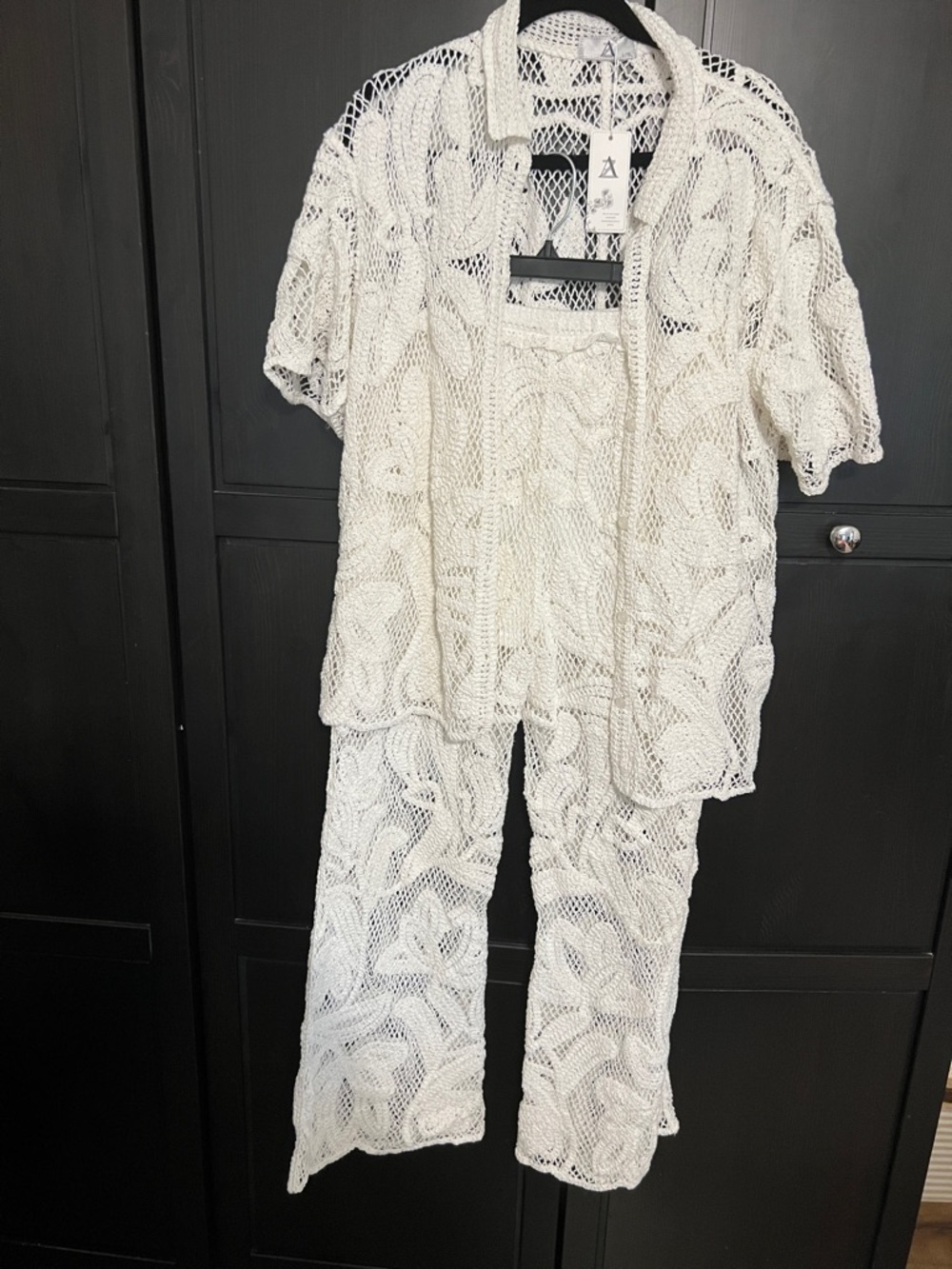 Two piece White Crocheted  Slightly Flared Pants & Button Up Top Set